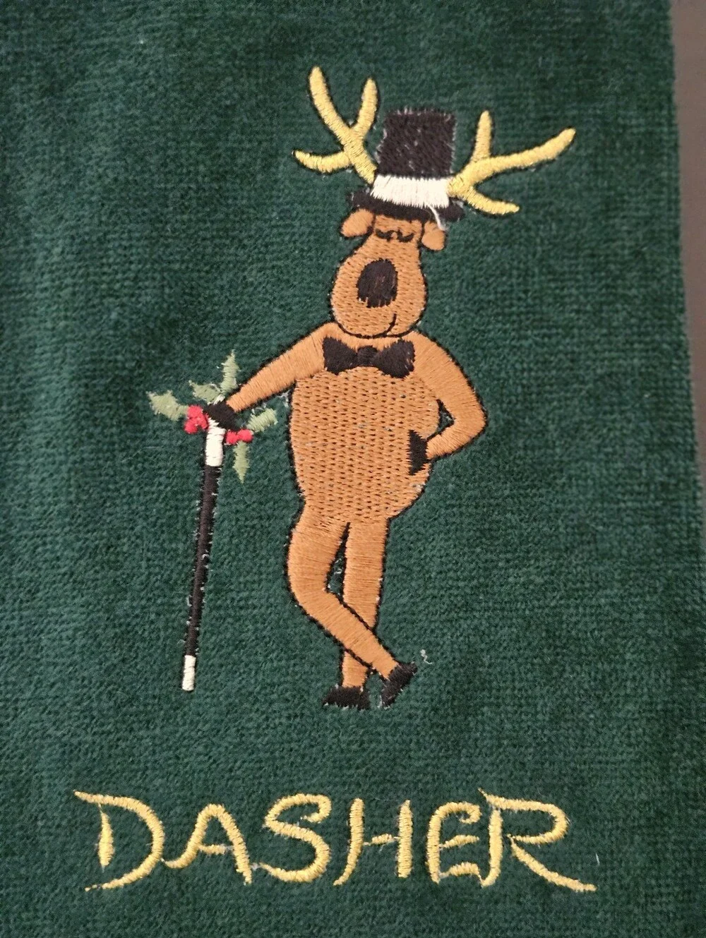 Embroidered Reindeer Holiday Kitchen Towels - Dark Green